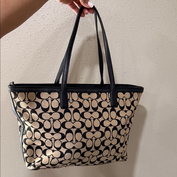 Coach Handbags - Coach Signature Canvas Zip Top Tote Black/Kahki Red Interior